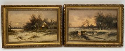 A pair of signed oil landscapes on board, possibly Russian, with indistinct handwritten notes to the