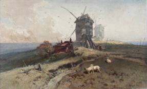 Charles Hoguet (1821-1870), a 19th century signed and dated watercolour on paper titled 'Windmills