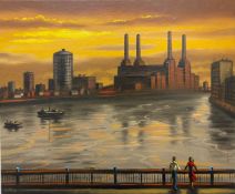 John Duffin (b.1965), a signed oil on canvas depicting a couple looking towards Battersea Power