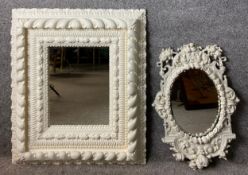 Two mirrors with cast and painted plaster frames; one with allover repeating foliate design, and the