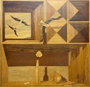 A mid-century marquetry panel with varying perspectives depicting seagulls in flight to the upper