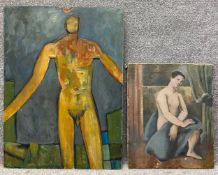 An abstract figural oil painting on board in the manner of Keith Vaughan with an indistinct