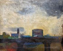 A large mixed media painting on canvas depicting an urban landscape, signed to the lower right and