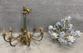 Two late 19th/early 20th century chandeliers to include one classical style brass and green enamel