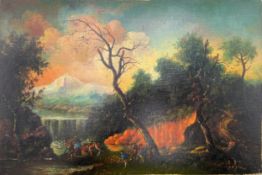 An 18th century Italian school oil on canvas depicting fisherman bringing in their catch on a lake