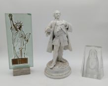 Three items to include a bisque porcelain figure of a 19th century gentleman, a signed Val St.