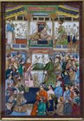 An intricately hand painted and gilt Mughal painting of a court scene. Framed and glazed with a