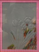 A framed and glazed contemporary textile with embroidered grey-on-grey linework flowers on a