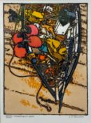 H. J. Jackson (b.1938), a signed artist's proof linocut print titled 'Fishermen's Gear'. Framed