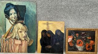 Three oil paintings on board to include a surrealist still life depicting a mask and a head on a