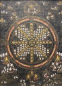 A 20th century hand painted Tibetan thangka mandala on canvas laid board of Heaven and Earth