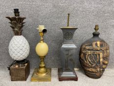 Four table lamps to include an Art Deco ceramic pineapple with a white glazed body and a stylised