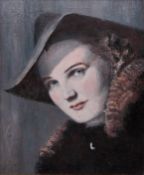 An early 20th century oil painting on board, portrait of a lady in hat and furs. Framed. H.55 W.
