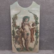 An oil painting on a shaped board depicting Dionysus/Bacchus and a faun surrounded by grapes and