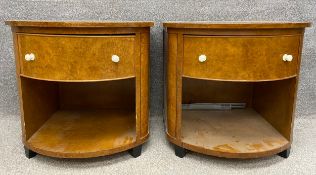 A pair of mid-century Art Deco style burr walnut bedside tables each having a curved front with a
