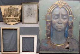 A mixed lot to include two picture frames (one gilt and one painted), an indistinctly signed oil