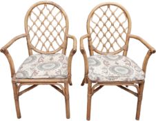 A pair of mid to late 20th century bamboo armchairs with removable upholstered cushions. H.96cm