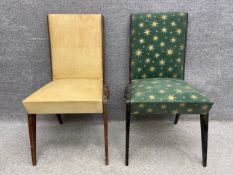 Two mid-century chairs to include one with a shaped teak frame with vinyl upholstery on tapering