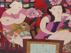 A signed and hand painted contemporary Chinese gouache on paper depicting two ladies and a cat