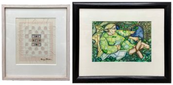 A signed contemporary abstract mixed media painting on paper by Penny Johnson, along with an
