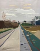 A large oil painting on canvas looking down a long country road with a church in the distance in