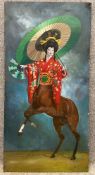 A surrealist oil painting on canvas depicting a centaur, the top half being a Geisha, the botom