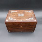 A 19th century rosewood writing box inlaid with mother of pearl and having a fitted velvet