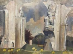 An early 20th century oil painting on canvas depicting a church ruin. Unsigned. H.41 W.51cm.