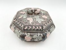 A Korean .99 silver and enamel octagonal champlevé and cloisonné box with a figural duck finial