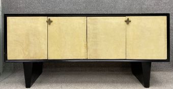 A black lacquered mid-century sideboard or credenza with three faux marble cabinet doors with