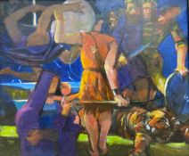 An abstract figural oil on canvas titled 'Theseus and Ariadne' by Elvet Thomas, framed and signed to