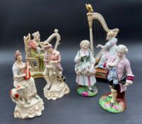 A collection of 19th century and later mostly Staffordshire porcelain figures, and a Sitzendorf harp