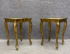 A pair of Italian Florentine style gilt and white painted side tables. H.43 W.32 D.32cm (each)