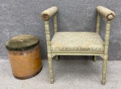 A 19th century French painted stool along with a beech veneered barrel stool. H.79 W.62 D.43cm (