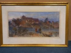A large 19th century watercolour of figures approaching a church by Winnifred Perry Boodle, with