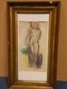 A framed and glazed coloured pastel study of a female nude. 47x84cm