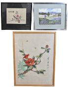 Two framed and glazed embroidered works and a Japanese painting on silk, all framed and glazed. H.41