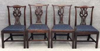 A matched set of four Georgian mahogany chairs. (One damaged as seen). H.96cm (largest).