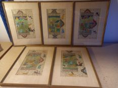 A collection of five hand painted Persian manuscripts displayed in double-sided frames to show front