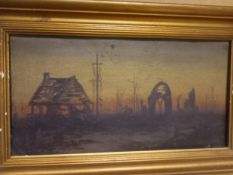 An early 20th century oil on board depicting a war ravaged landscape. 33x20cm