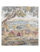 A framed and glazed tapestry, 18th century style hunting scene in a bucolic setting. H.66 W.61cm