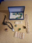 A silver necklace inset with semi precious stones, along with other miscellaneous pearls,