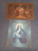 Two large religious paintings on cloth. One indistinctly signed. 119x78cm (Largest).