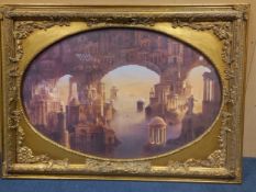 A print depicting a fantastical city in a gilt frame with an oval aperture. Framed and glazed.