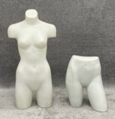 Two contemporary moulded plastic shop display mannequins. H.87cm (largest)