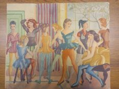A mid 20th century watercolour; ballet dancers, unframed. 36x30cm (Some damage as seen).