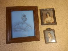 A 19th century signed pencil portrait of a lady, along with two 19th century miniature paintings (