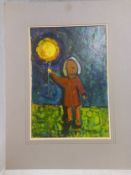 A naive expressionist style acrylic on paper, girl with balloon, in a window mount. Unframed.