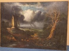 A large 19th century landscape oil painting on canvas depicting a farmer herding sheep. 86x61cm