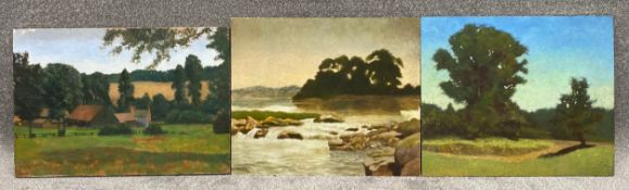 Three unsigned landscapes; one oil on canvas and two oils on board. Probably Vivian Bewick. H.51 W.